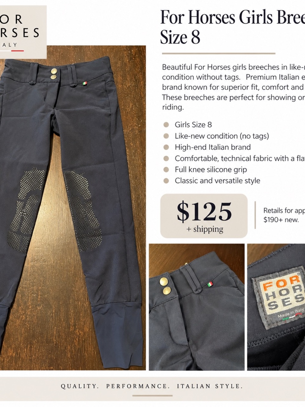 For Horses Girls Dark Navy Breeches with Silicone Knee Grip - For Horses